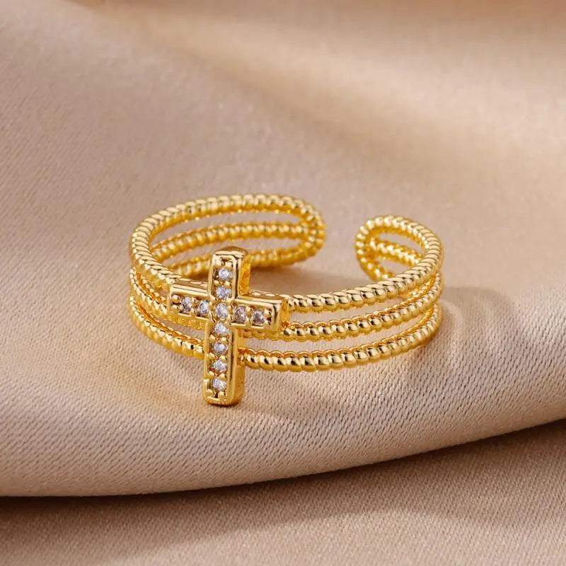 Anillo de acero inoxidable color dorado para mujeres, con diseño de cruz vintage, bandas con cuentas y piedras transparentes incrustadas, adecuado para joyería de boda.