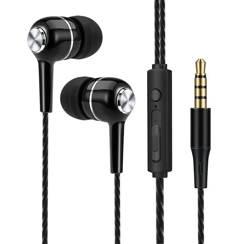 Casque de jeu filaire intra-auriculaire Vikefon noir avec microphone, doté d’anneaux d’accent argentés, d’un câble tressé et d’un module de commande en ligne.