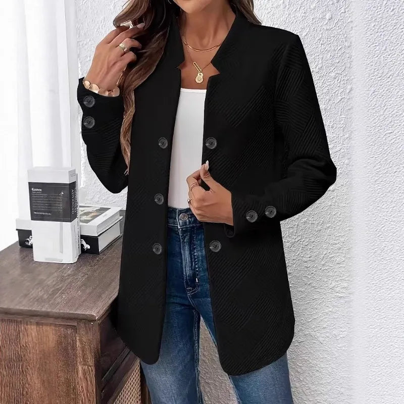 Solid Color Double-Breasted Women's Blazer with Diagonal Texture Stand Collar Long Sleeve Suits Casual Office Commute Outerwear