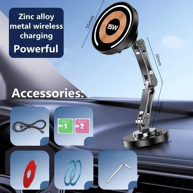 Cargador inalámbrico para coche magnético negro de aleación de zinc con salida de 15 W y brazo ajustable para iPhone 15 14 13 12, mostrado desde el lado posterior.