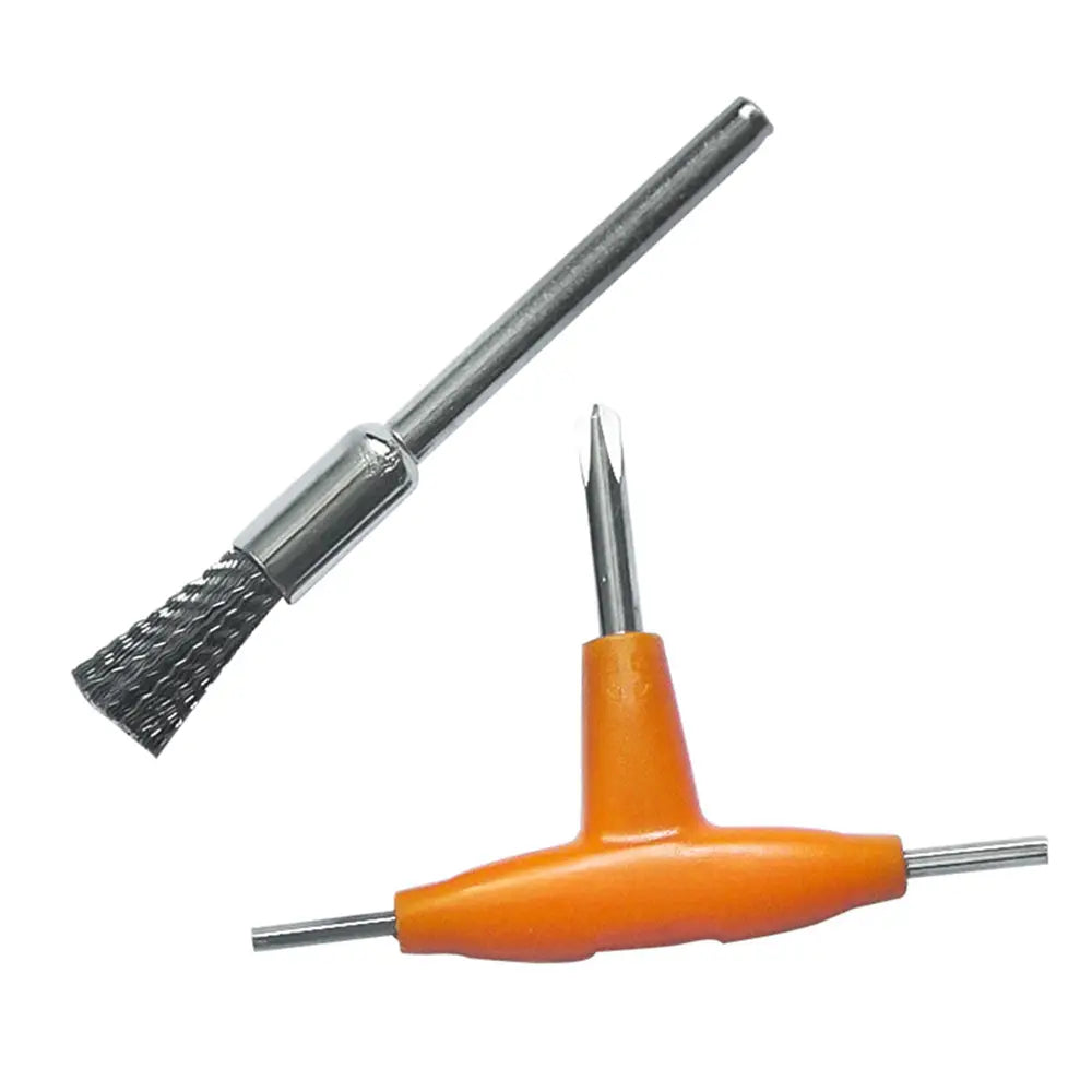 Destornillador de mango en forma de T con mango naranja, con punta metálica y cepillo de alambre integrado, procedente del kit de destornillador en forma de T y herramienta rotativa con cepillo de alambre.