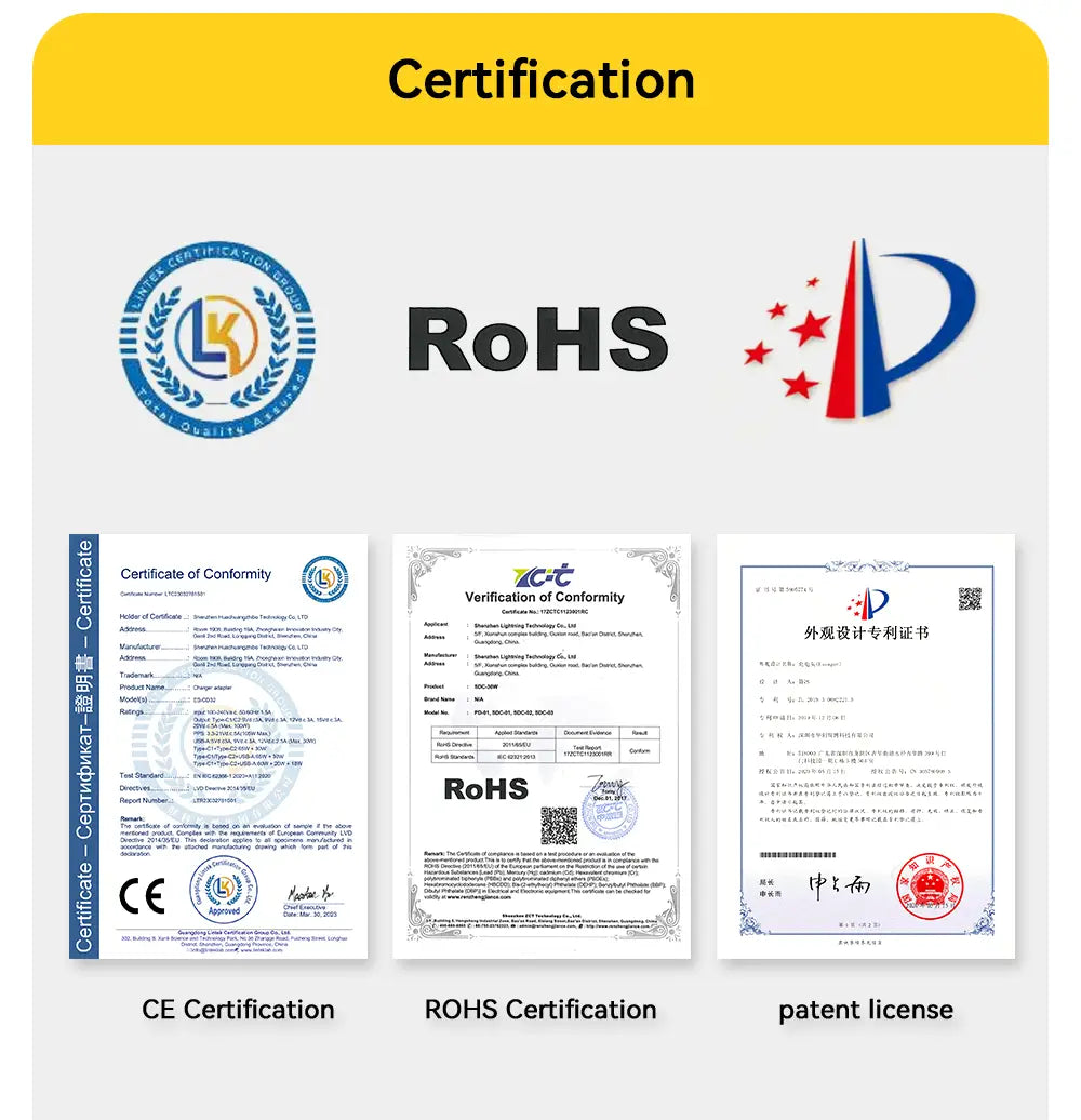 The image shows three official certification documents including ce certification rohs certification and a patent license for a magnetic wireless fast charging charger designed for iphone 14 13 and 12.