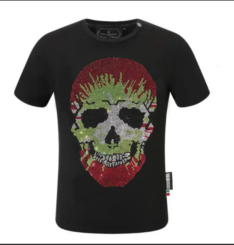 Black short-sleeved men rhinestone devil bear graphic tee featuring a vibrant sequined skull design with red and green accents.