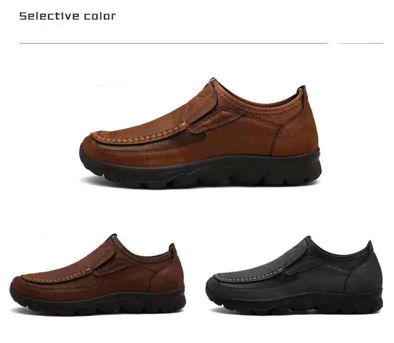 Mocassins homme décontractés en cuir à enfiler en marron, présentant des détails cousus et une semelle texturée.