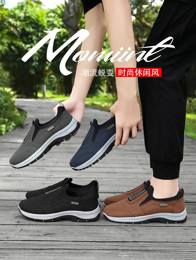 Men orthopedic slip-on walking shoes in gray navy blue black and brown with white soles featuring a casual design.