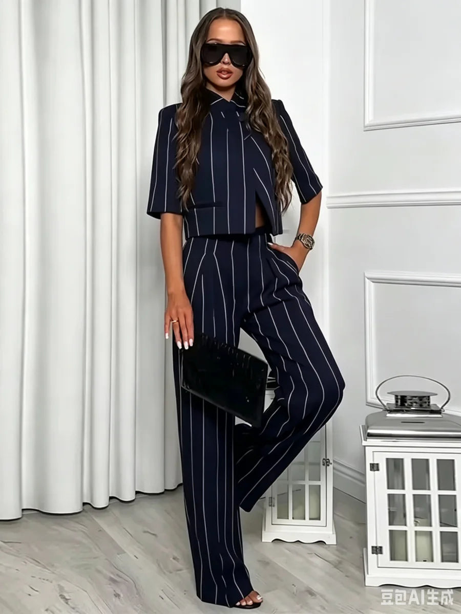 Women's Suit Set with Lapel, Short Sleeve, Linen Blend, Striped, Short Blazer, Straight-Leg Pants, Elegant Office Casual Fashion