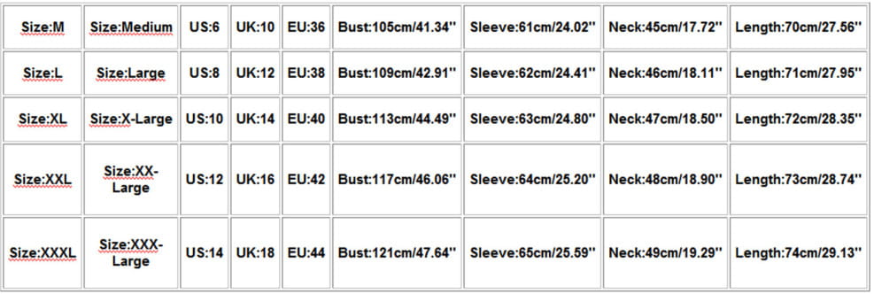 Size chart for a men linen blend casual shirt showing bust sleeve neck and length measurements for women in various regional sizes.