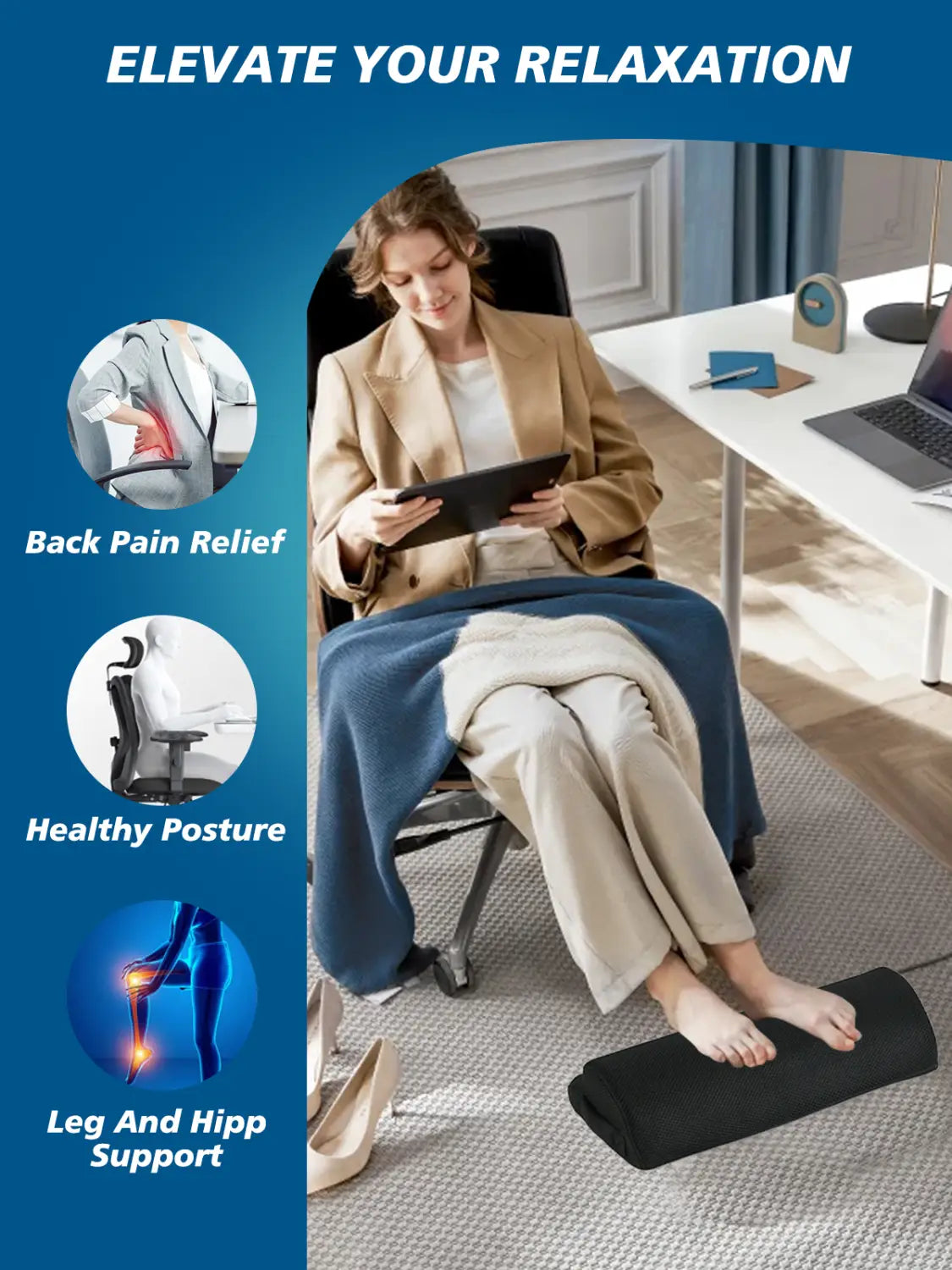 black cylindrical ergonomic footrest pillow with lumbar support and led lighting designed for office use