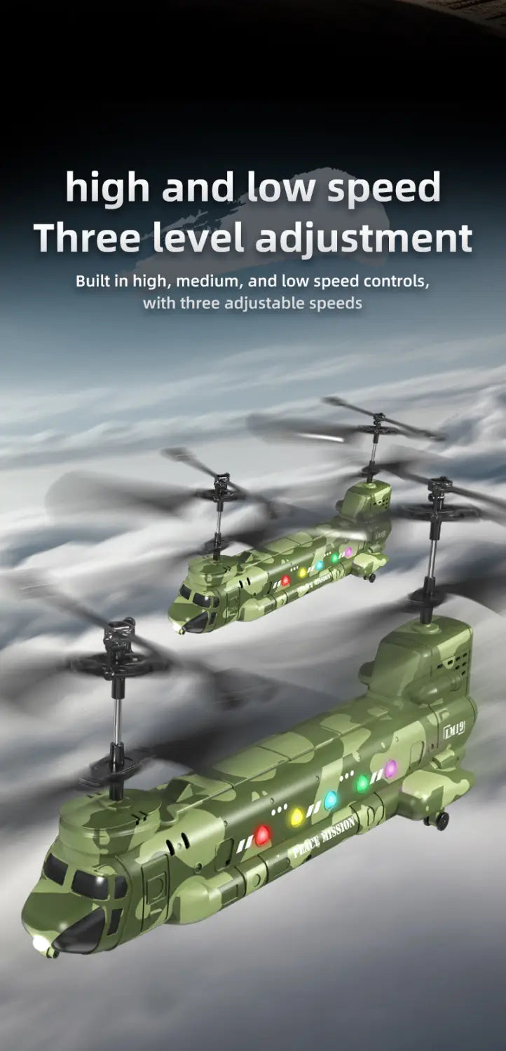 Helicóptero teledirigido de camuflaje verde con luces LED, diseñado para fotografía aérea y para el desarrollo de habilidades.