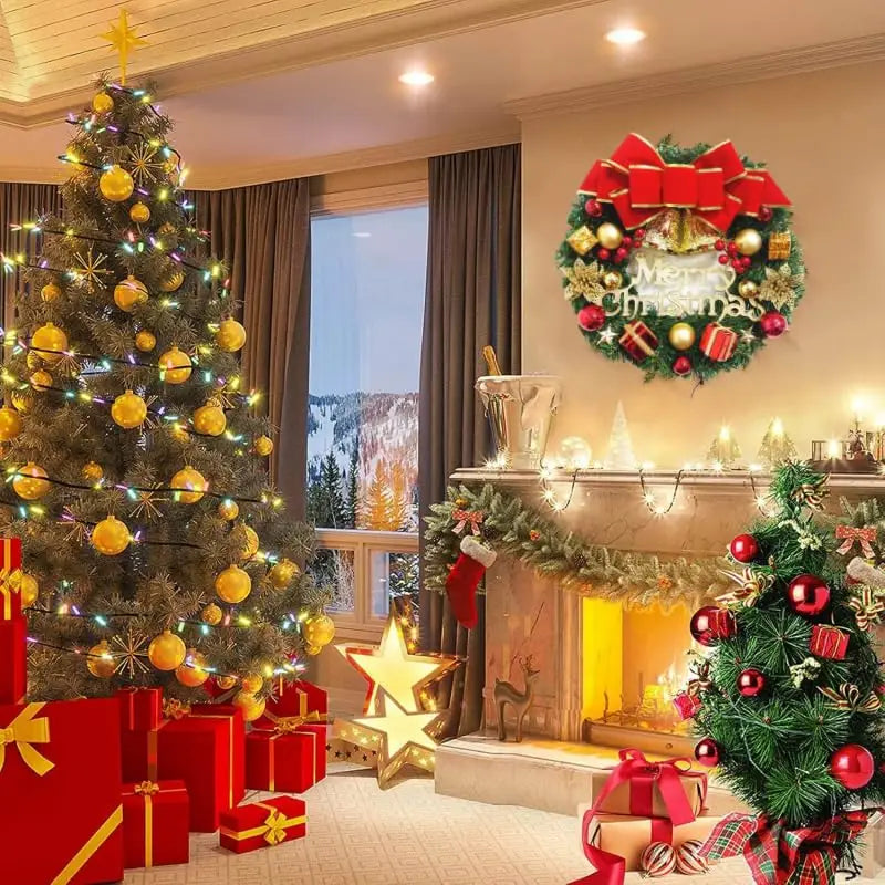 A festive christmas wreath door hanging decor featuring a velvet bow with golden ornaments and twinkling lights.