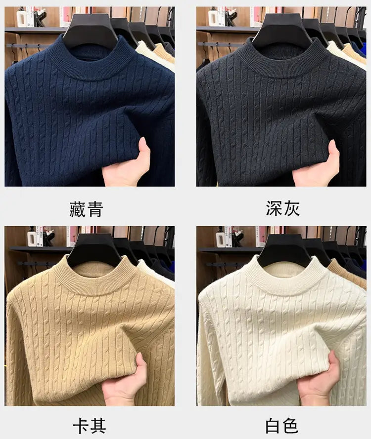Herren-Zopfstrick-Pullover mit Rundhalsausschnitt mit einer gemütlichen gerippten Strickstruktur in Königsblau, Dunkelgrau, Beige und Weiß mit klassischem Rundhalsausschnitt-Design.