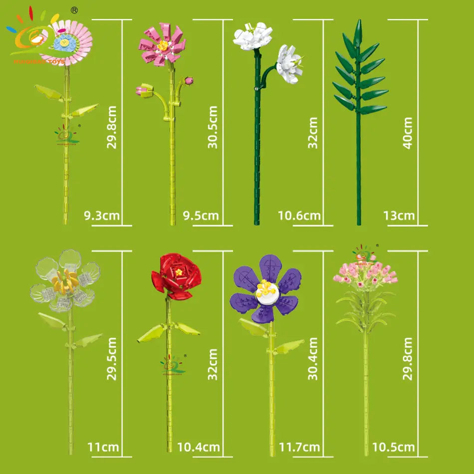 Un ensemble de modèles de fleurs en briques plastiques colorées, dans divers designs et hauteurs, idéal pour les amateurs de blocs.