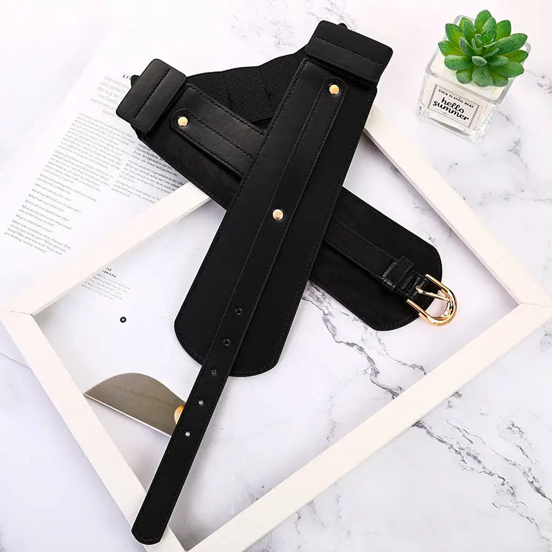 Ceinture gainante à taille élastique noire pour femme, avec boucle ton doré et rivets décoratifs en laiton, pour ceinture corset large en simili cuir.