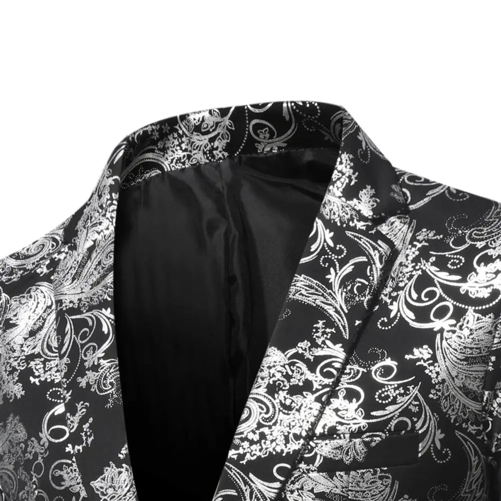 Einreihiges Slim-Fit-Sakko in Schwarz mit aufwendigen weißen Paisley-Mustern, ideal für Anlässe im eleganten Freizeitbereich