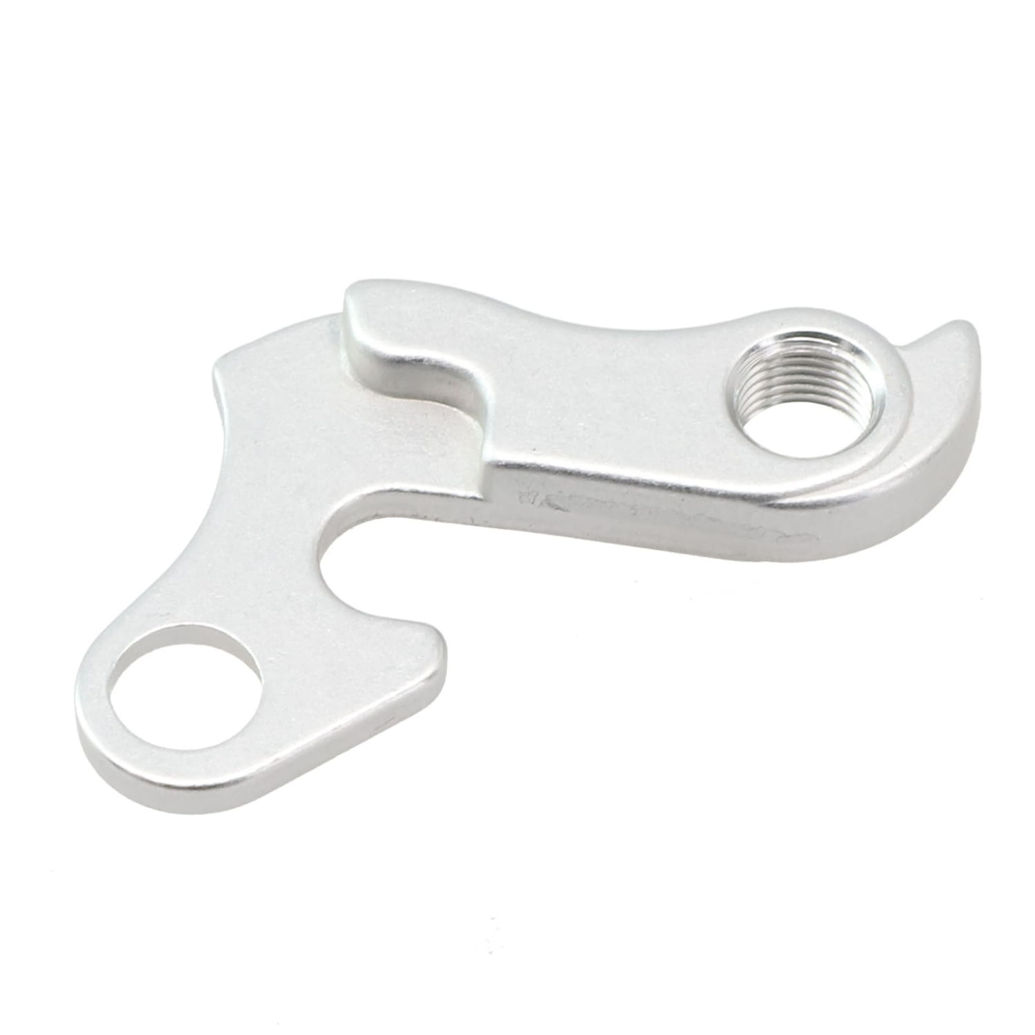Placa/soporte de cambio trasero de aleación de aluminio plateada metalizada para bicicletas de Merida y Carrera, mostrada desde la parte posterior con un orificio roscado y dos recortes circulares