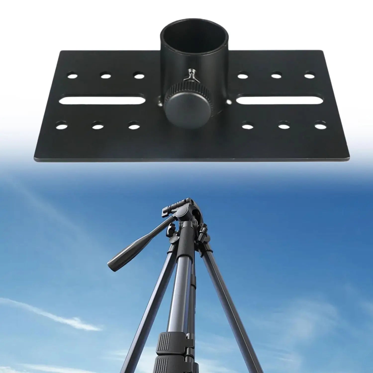 Black metal tripod mount plate with a cylindrical center and multiple mounting holes for adjustable angle speaker stand adapter.