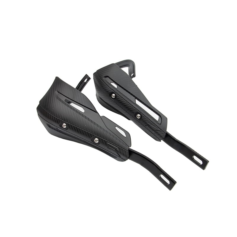Black carbon fiber universal dirt bike handguards with sleek angular design and silver screws shown from the back side.