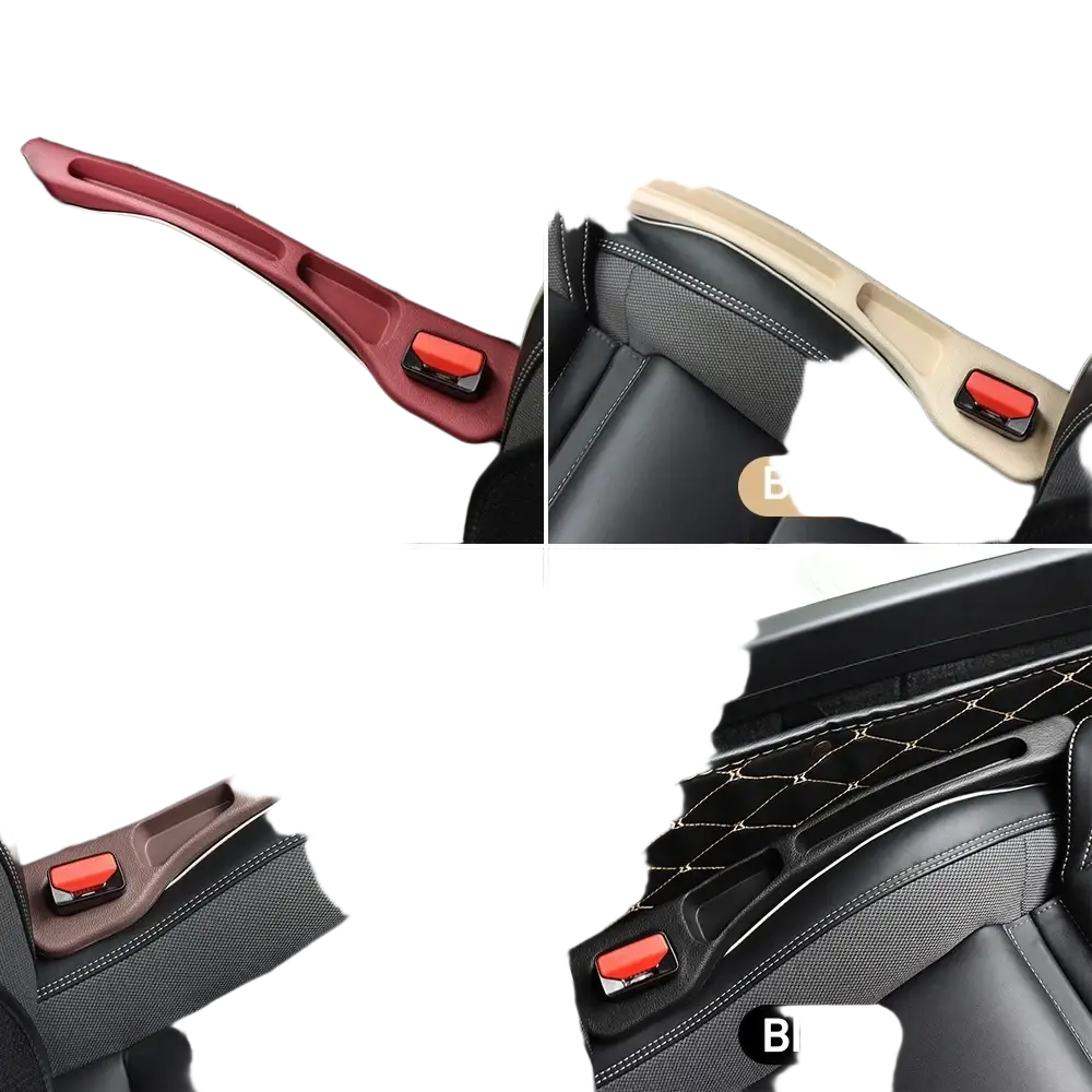 Car seat gap filler trays in red beige brown and black with stitched edges and red button for class amg glc ml slk