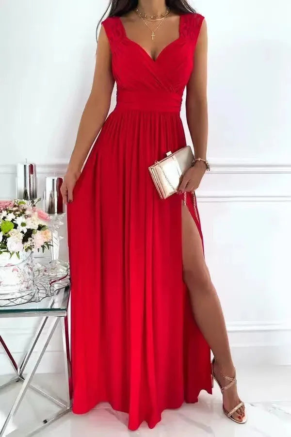 Elegant Evening Dress Women V Neck Lace Shoulder Sleeveless Slit Waist Cinched Pleated Formal Party Prom Maxi Gown