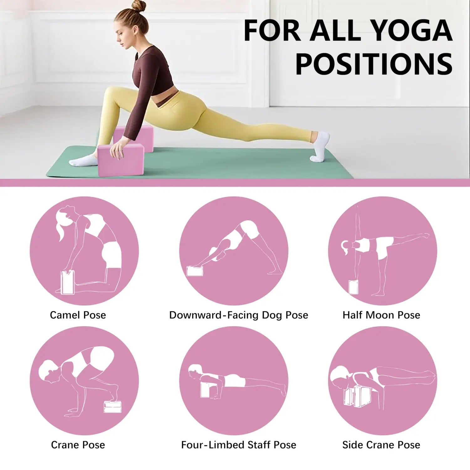 Pink non-slip Eva yoga block for all yoga positions included in 5-level resistance bands and non-slip Eva blocks set.