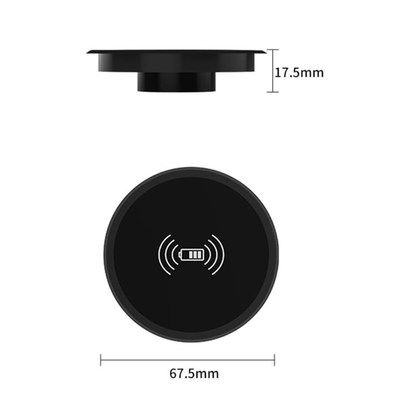 Black circular embedded desk wireless charger with a matte finish and white iconography featuring fast 15w charging capability.