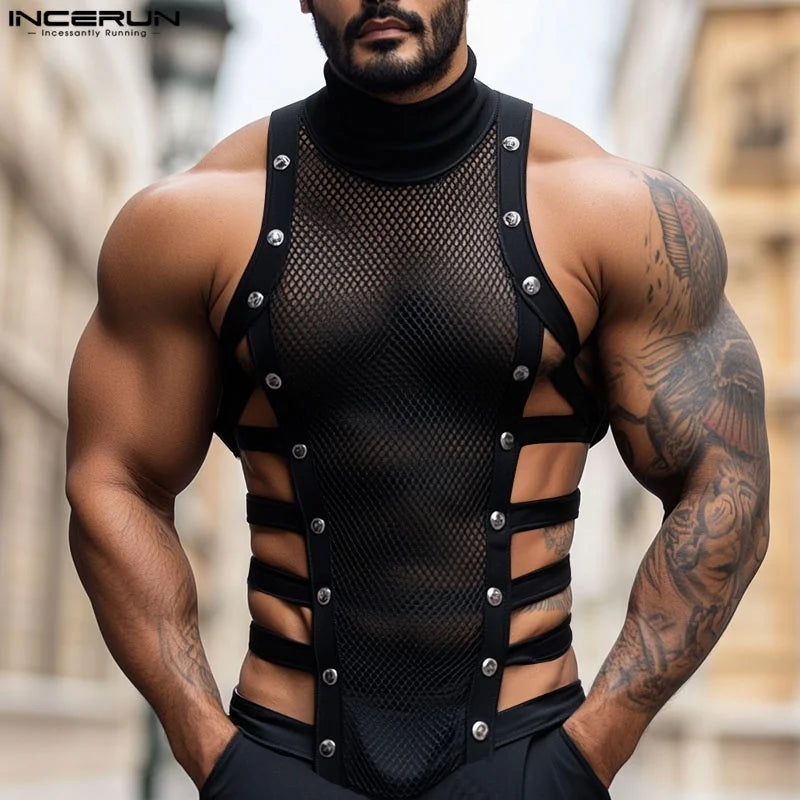 Men Tank Tops Mesh Patchwork See Through Turtleneck Sleeveless SummerMale Vests Streetwear Hollow Out Sexy Men Clothing INCERUN