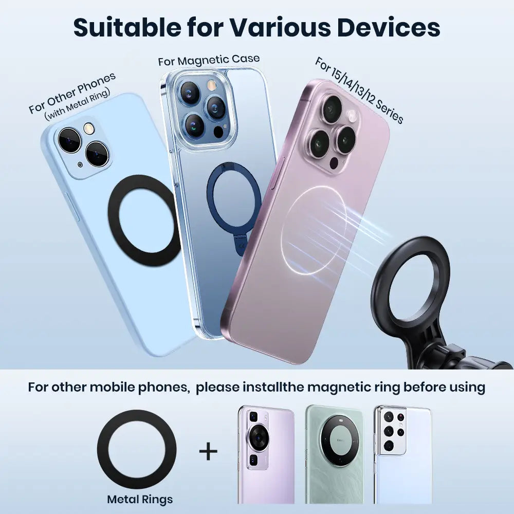 Black magnetic phone ring attached to a magsafe car phone holder air vent mount designed for iphone 15 14 13 12 series and various smartphone models.