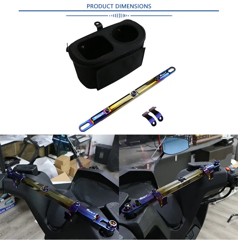 Barre d’équilibre pour guidon de moto en titane irisé, poignée avec accessoire de porte-tasse à fermeture éclair noire pour un montage sécurisé du téléphone.