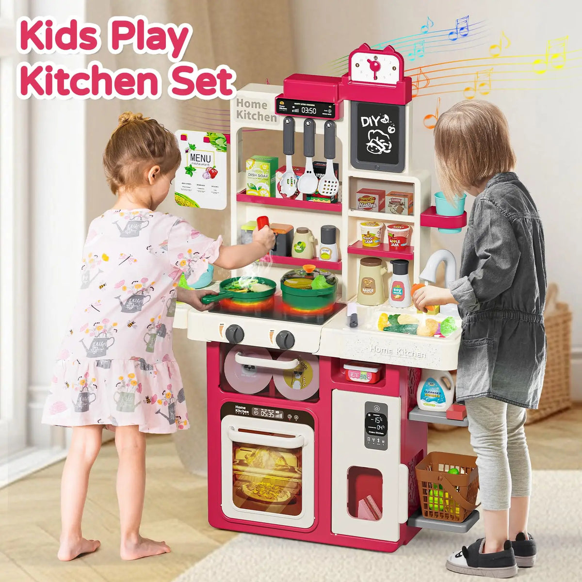 Simulated Kitchen Playset with Lights Sound Spray Steam, Kids Pretend Cooking Toy, Tableware Sink Set, Gift for Boys Girls