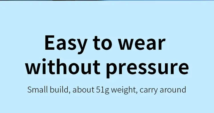 Light blue background with black text highlighting the respiratory trainer lung fitness device as easy to wear without pressure with a small build weighing about 51 grams for convenient carrying.