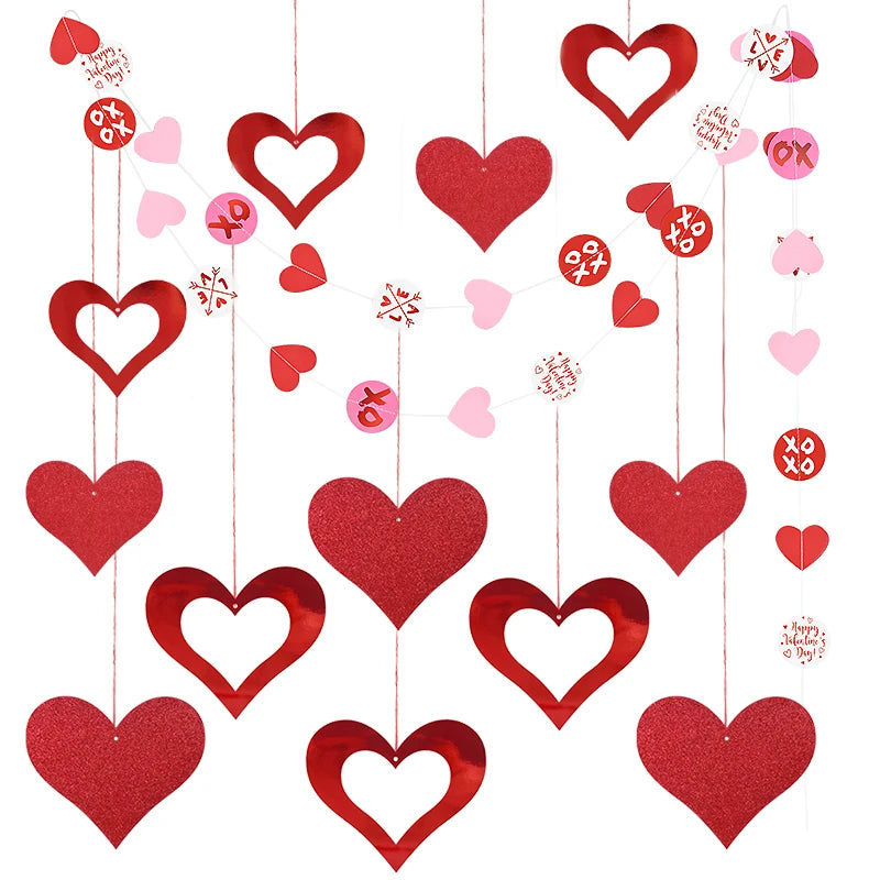 1set Valentine's Day Gift Hanging Banner Garland Red Love Heart Spiral Bunting For Wedding Birthday Bachelorette Party DIY Decor