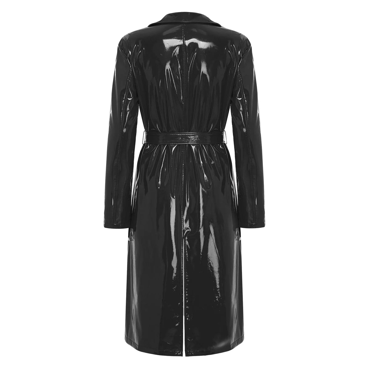 Women Men Fashion Glossy PU Leather Trench Coat Long Sleeve Lapel Open Front Jacket Outerwear with Belt Daily Wear Streetwear
