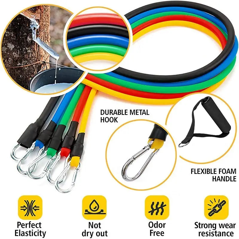 Lot de bandes de résistance colorées avec crochets métalliques durables et poignées en mousse souple pour le matériel d’entraînement, avec une résistance de 100 lb.