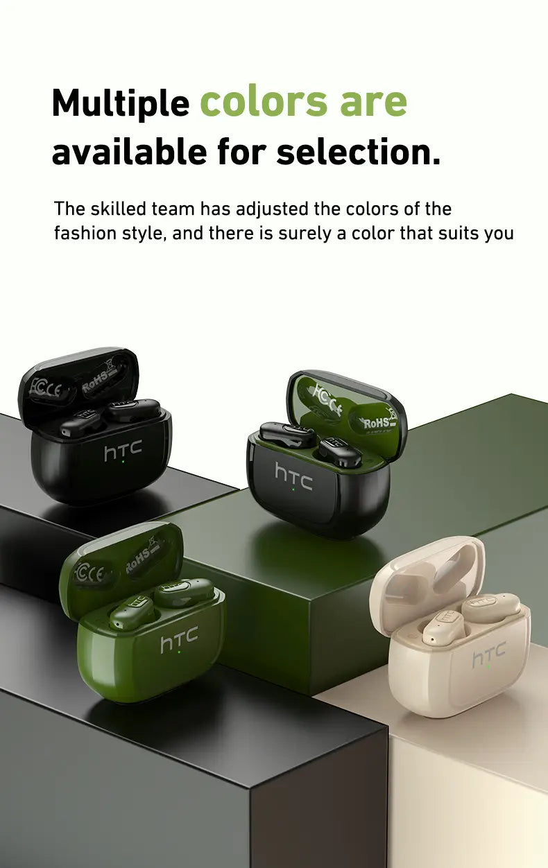 écouteurs sans fil Bluetooth htc ne51 noirs, vert olive et beige, avec des étuis de chargement élégants à finition brillante, portant le logo de la marque et une connectivité avec version Bluetooth avancée.