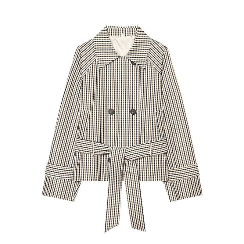 Women's Trench Fashion Plaid Lace-up Short Trench Jacket Autumn Women Jacket Coat Casual New Outerwear