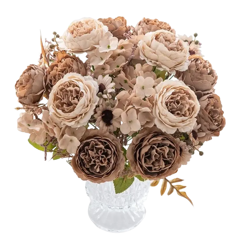 A delicate bouquet of artificial silk peonies and hydrangeas in beige taupe and cream tones for home decoration and send flowers