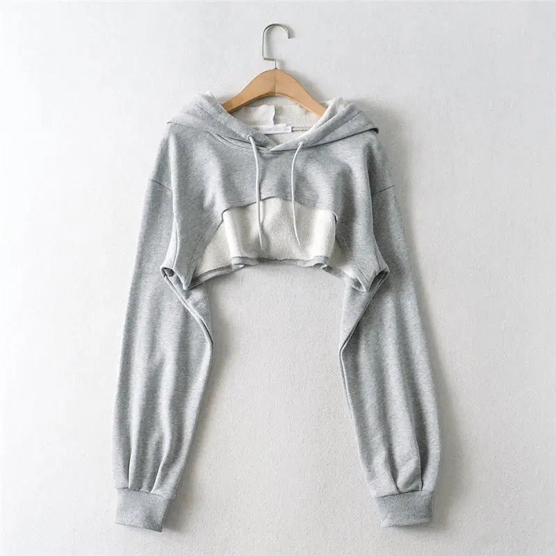 Women's Cropped Hooded Sweatshirt Solid Color Long Sleeve Front Hollow Out Short Hoodies Sweater Spring Autumn Streetwear