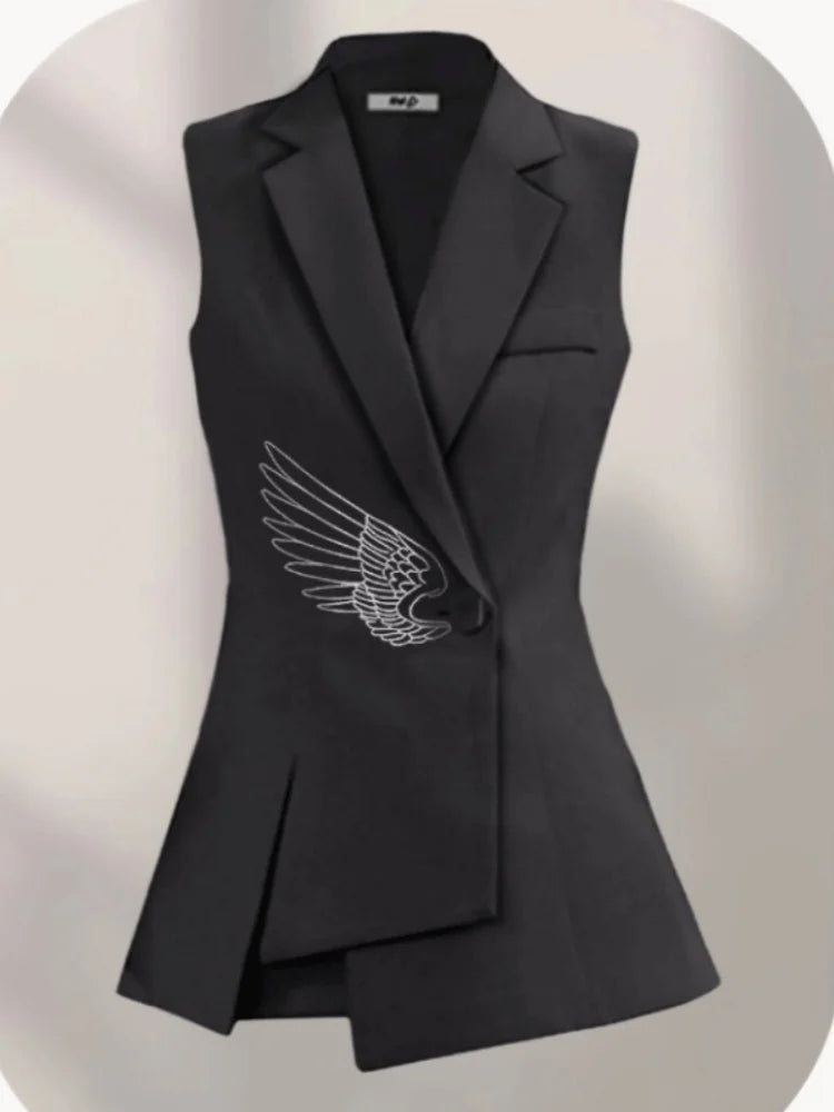 Brand Designer Black Blazers Vest Wings Printed Waistcoats Notched Single Button Asymmetric Sleeveless Vests Temperament Women