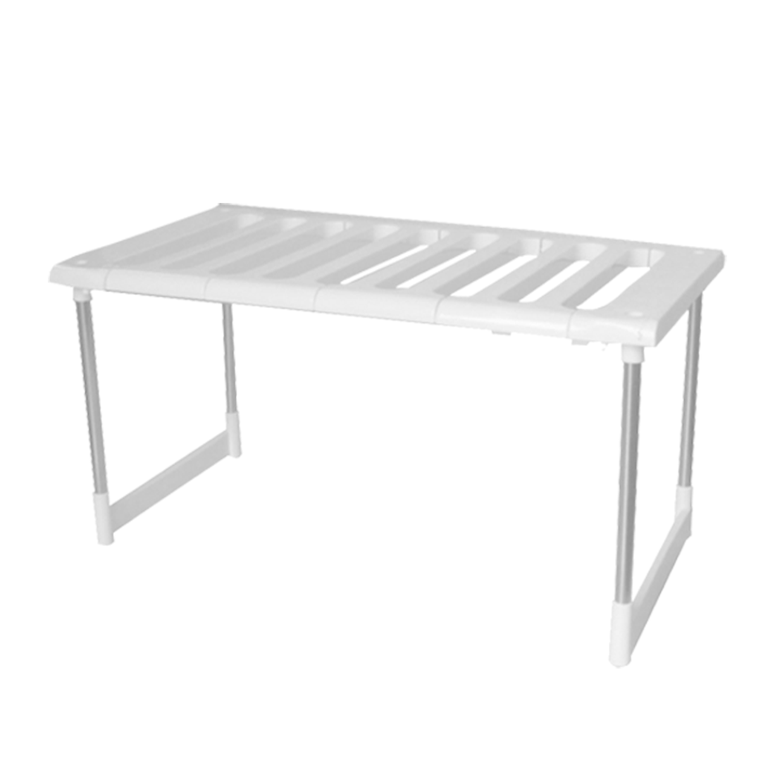 Étagère-organisateur de rangement pour comptoir de cuisine en plastique blanc et en métal, pliable, avec un plateau à lattes, servant de support de rangement pour comptoir de cuisine.