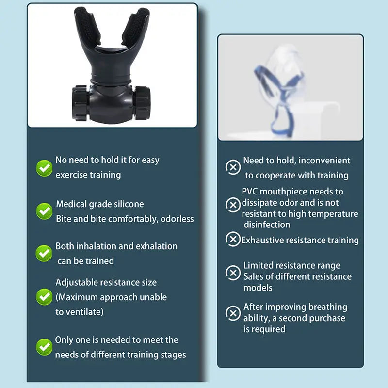 black medical-grade silicone lung breathing trainer mouthpiece with adjustable resistance for breathing fitness exercise
