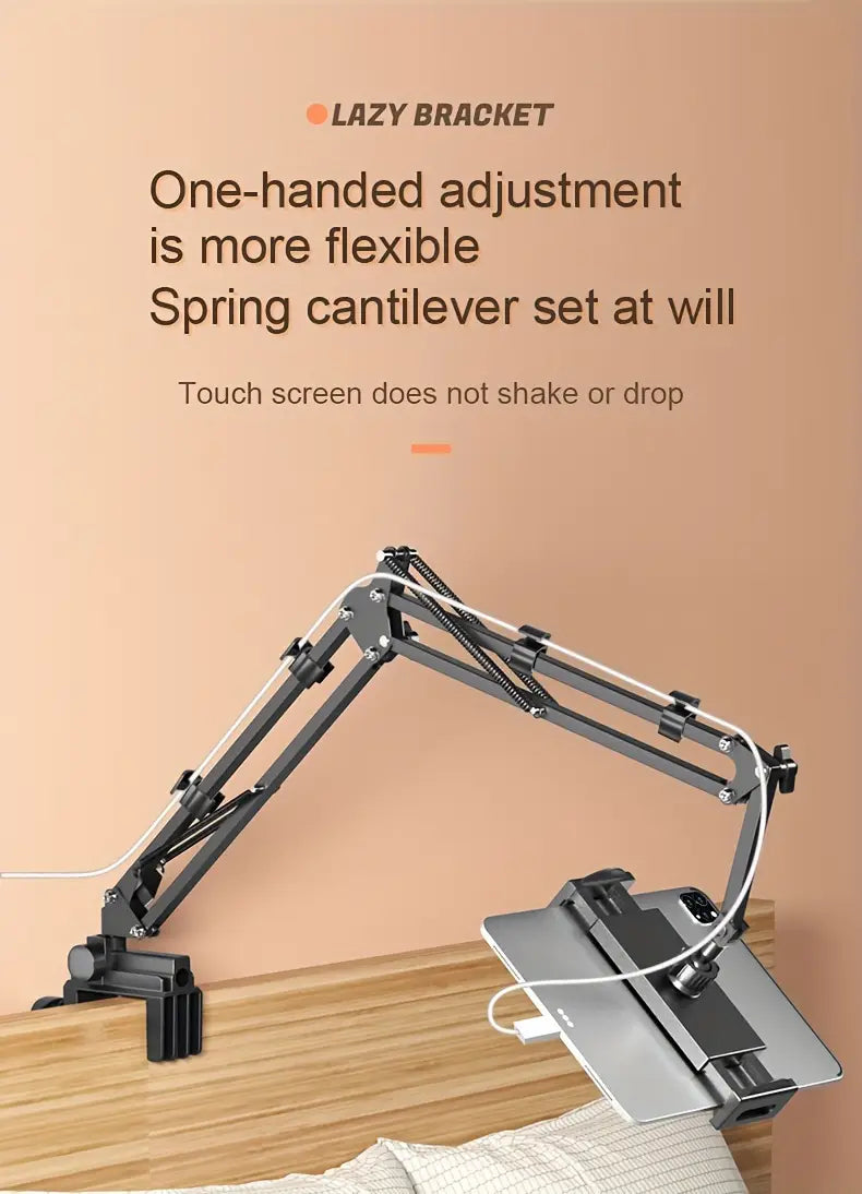 Silver metallic adjustable desk mount with spring cantilever design branded as lazy bracket for bed use