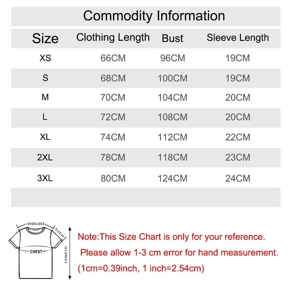 Size chart for women’s t-shirt in centimeters showing measurements from XS to 3XL for the Attack on Titan Levi Ackerman men graphic t shirt.