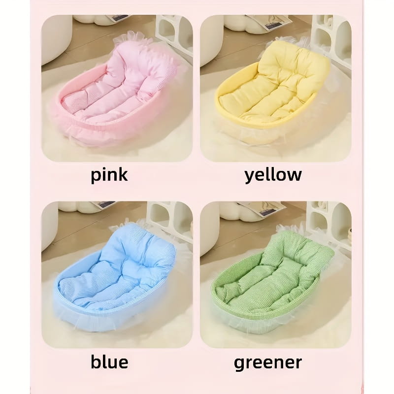 Soft padded baby bath seat with delicate tulle trim in pastel pink yellow blue or green shown alongside pink checkered cat sofa bed with ruffled lace