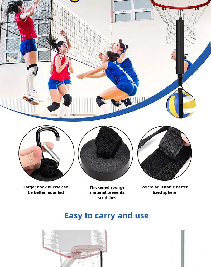 Black adjustable volleyball net stand with sponge padding and velcro strap for outdoor spike training system aid.