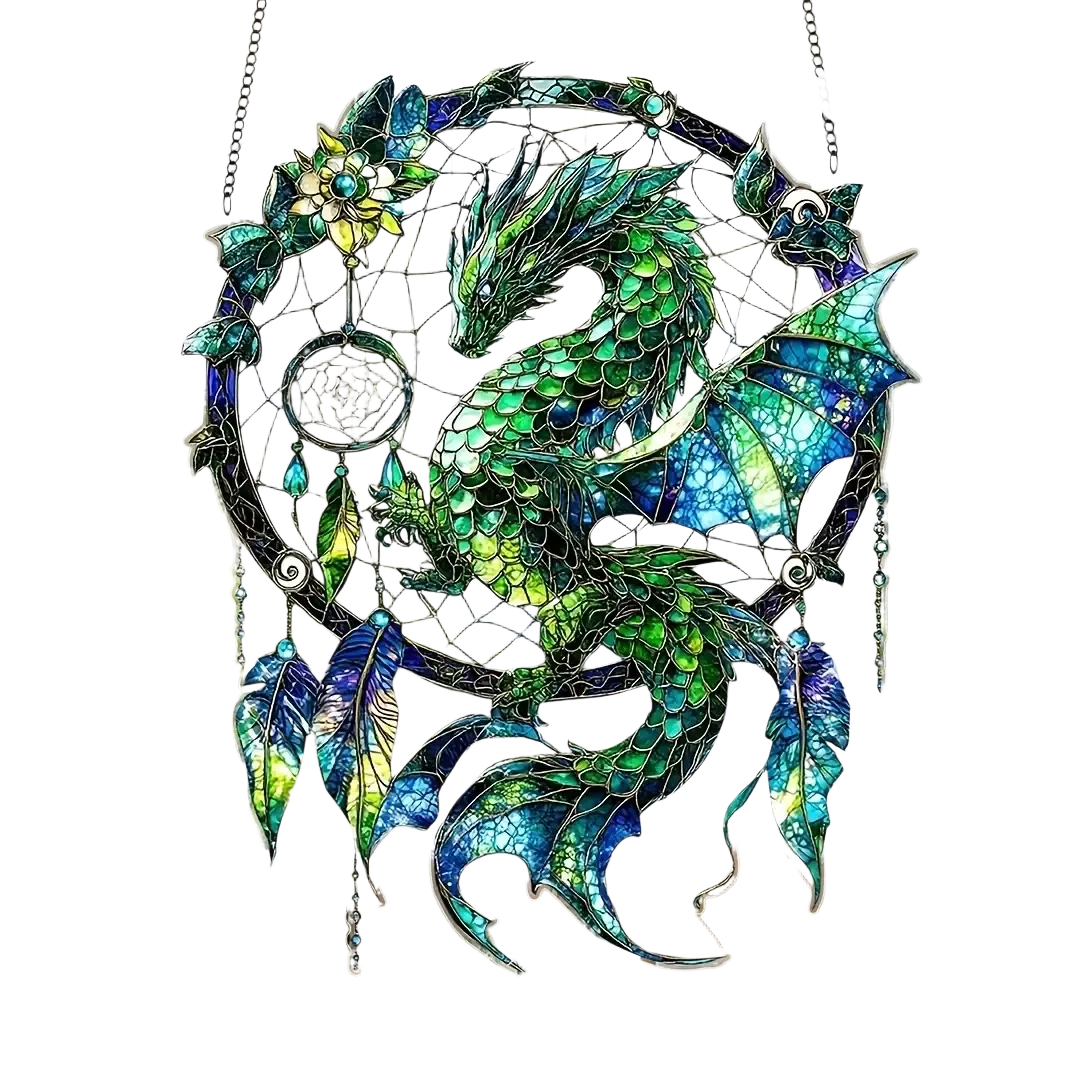 Un atrapasueños acrílico vibrante de dragón verde y azul, con detalles intrincados estilo vitrales y plumas colgantes, visto de frente.
