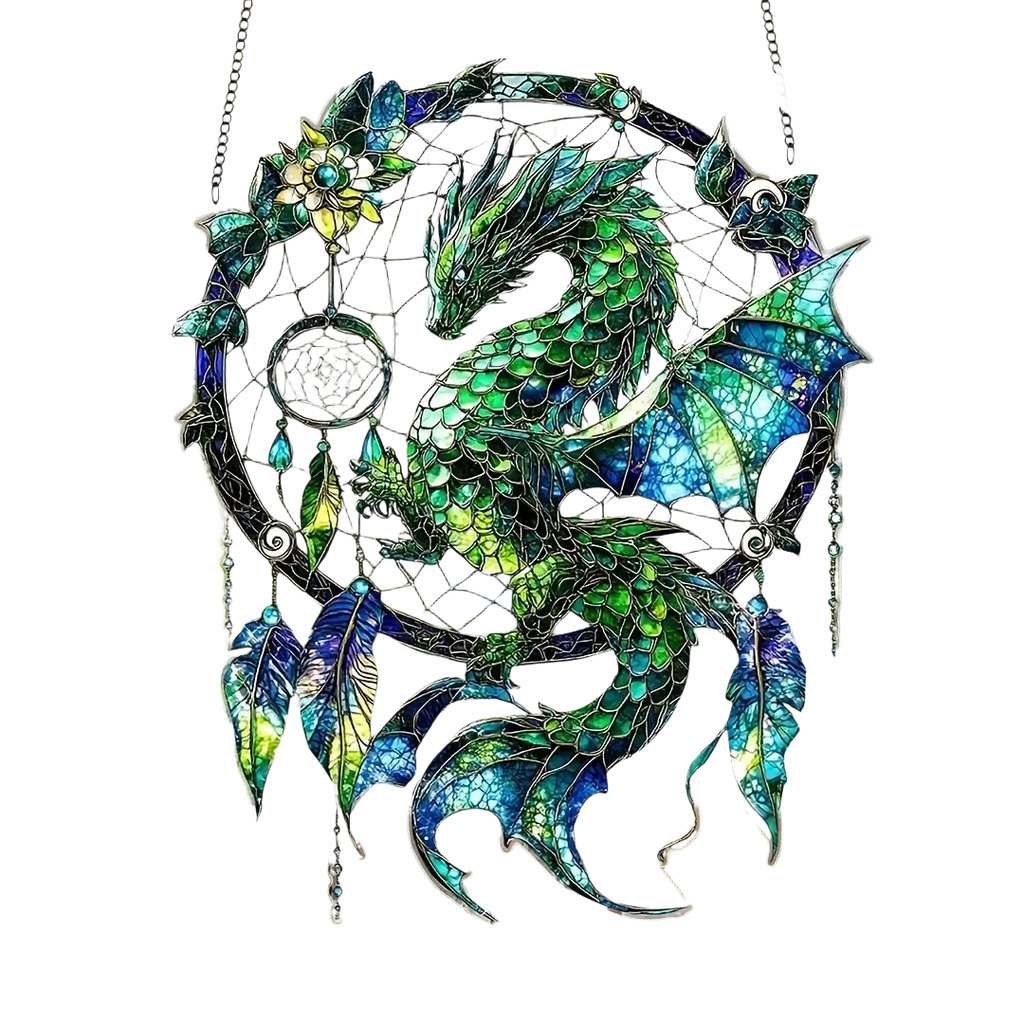 A vibrant green and blue stained glass dragon dream catcher with intricate scales and gemstone accents viewed from the front