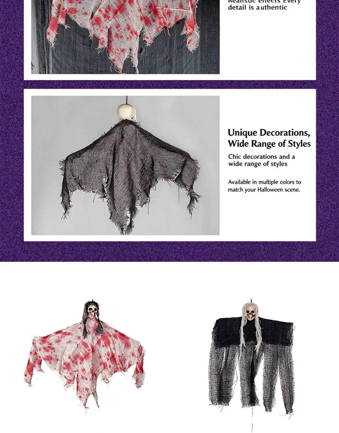 hängender Geist Halloween-Schreck-Accessoire mit einem zerschlissenen Stoffkörper in Schwarz und Rot im Batikmuster, entworfen für die Dekoration von Geisterhäusern.