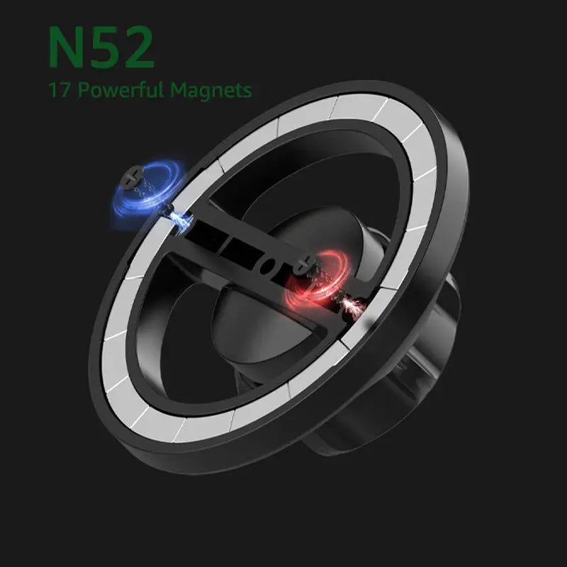 anneau magnétique N52 noir et argenté doté de 17 aimants puissants pour base de support de voiture magnétique Magsafe, tête à rotule de 17 mm, présenté depuis le côté arrière
