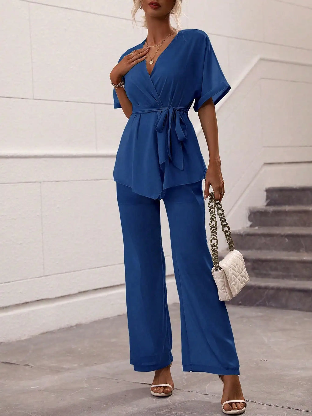 Women's 2-Piece Outfit, Elegant Wrap V-Neck Blouse and Wide Leg Pants, Casual Short Sleeve Loungewear Set For Ladies