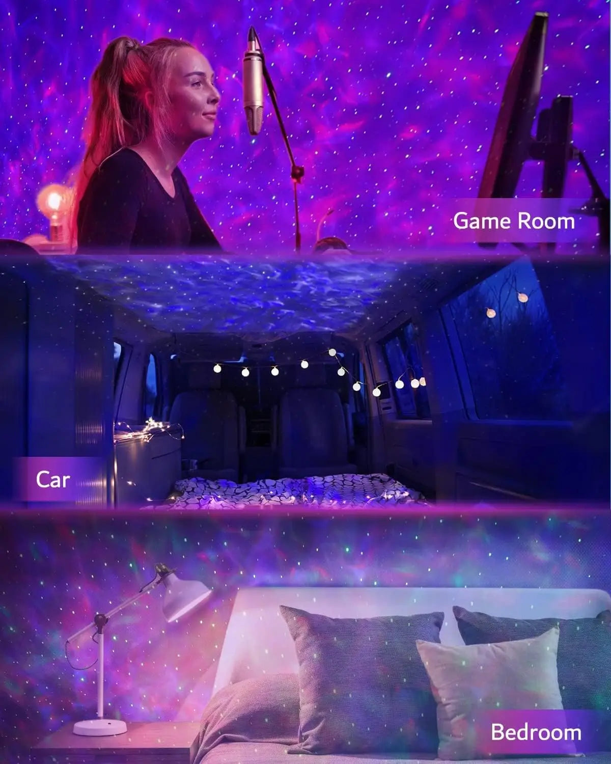 Projecteur d’étoiles lumineux de nuit en forme de galaxie d’œuf de dinosaure, avec des projections d’étoiles thématiques de galaxie violet et bleu pour un éclairage d’ambiance de la pièce.